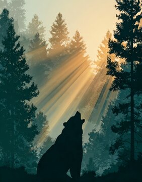 Wildlife animal landscape illustration - Black silhouette of sceaming bear in forest with sunbeams