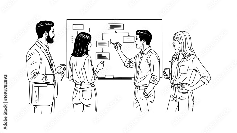 Poster team collaborating on a flowchart on a whiteboard