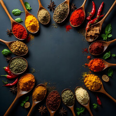 Arrangement of spices in wooden spoons on a dark background