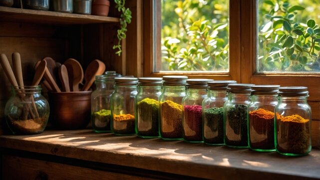 Colorful jars of spices arranged on a wooden kitchen counter, sunlight streaming through the window
