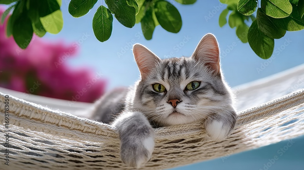 Poster a cat is laying on a hammock in the shade. the cat is looking at the camera