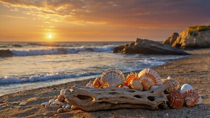 Sunset over a serene beach with seashells and driftwood in the foreground, waves gently lapping