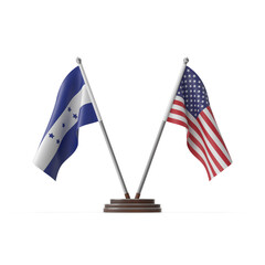 Honduras and United States Flags on Desk Stands, 3d Png, transparent background.