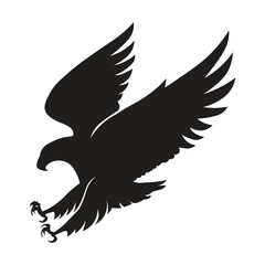 Silhouette of flying eagle with spread wings and sharp claws. Powerful bird of prey illustration for logo, tattoo, or design element
