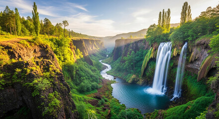 Breathtaking waterfall cascading into vibrant turquoise pool, lush green canyon with river under sunny sky