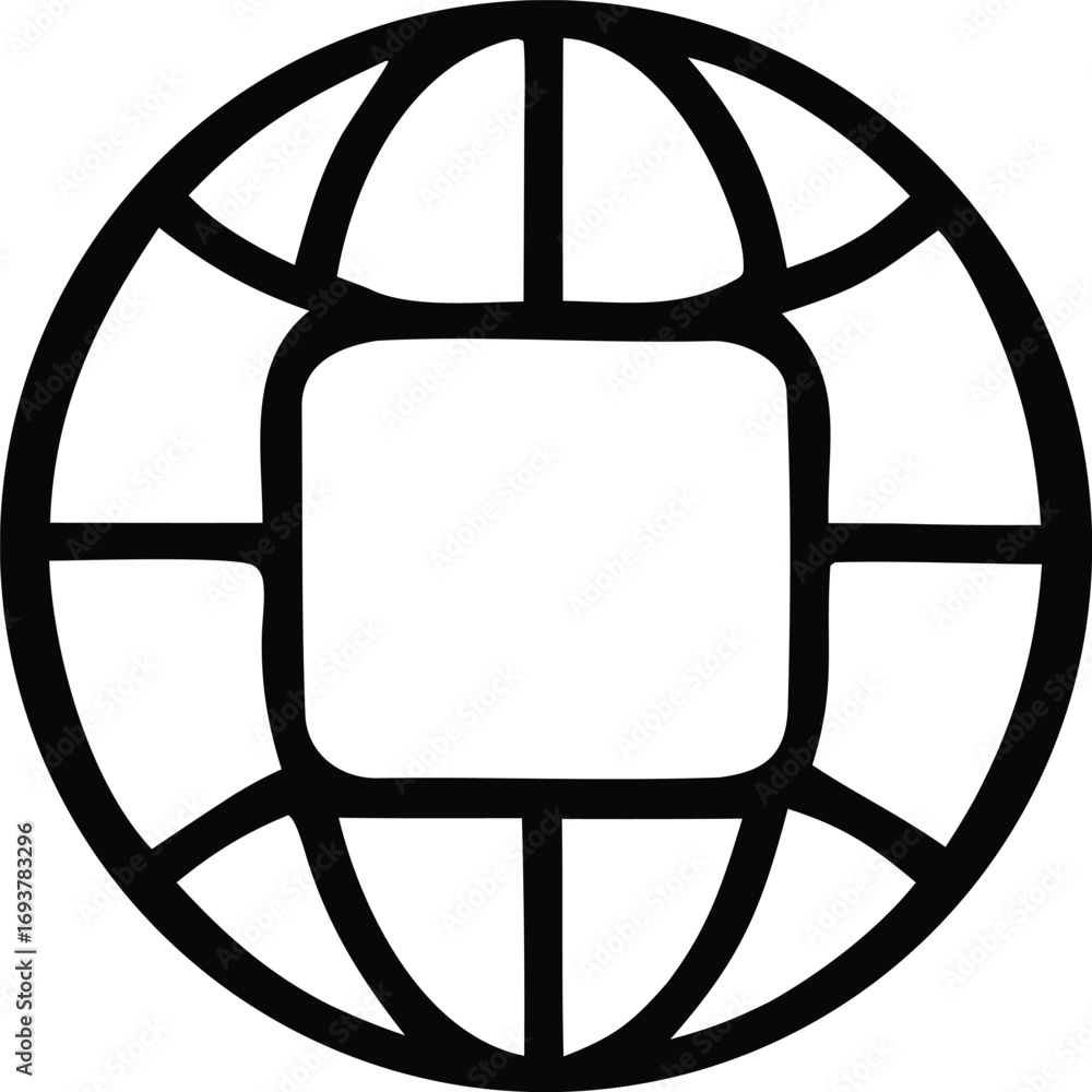 Poster simple globe icon with square center representing global connectivity and data centers