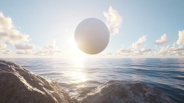 Ethereal sphere hovering above the vast ocean amidst scattered clouds and glistening water