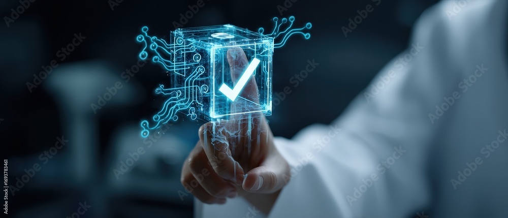 Poster a futuristic hand interacts with a digital checkmark inside a glowing cube, symbolizing technology a