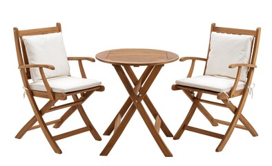 A high-quality outdoor garden wooden dining set with two chairs and a table, natural wood finish