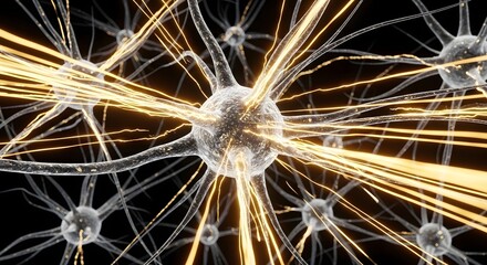 Obraz premium Glowing Neurons Transmitting Yellow Electrical Impulses in a Neural Network on a Black Background