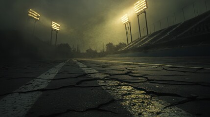Eerie stadium illuminated in fog showcasing cracked asphalt and ghostly bleachers