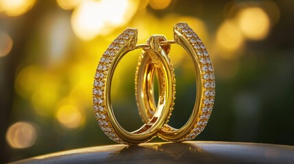 Exquisite golden earrings adorned with radiant gems under a luminous light source