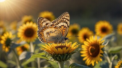 A vibrant butterfly perched on a sunflower in a sunlit field, surrounded by blooming sunflowers