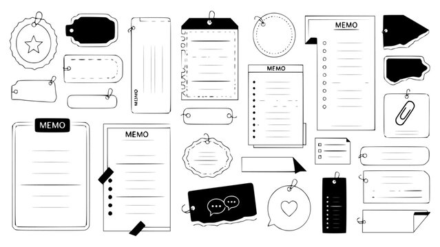 Collection of handdrawn memo notes, tags, and labels isolated on white background