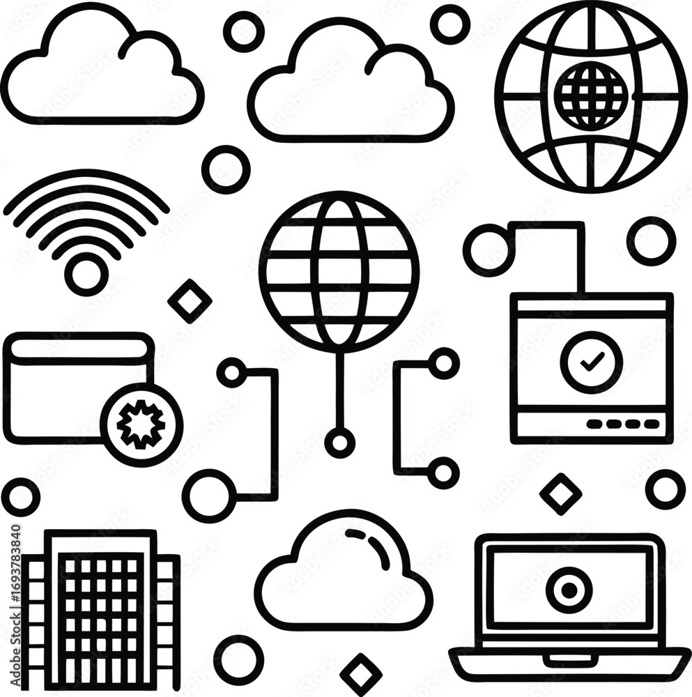 Poster digital connectivity and cloud services icons representing global networks and technology data trans
