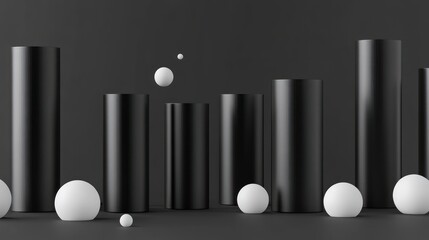Abstract composition of black cylinders and white spheres on a muted background