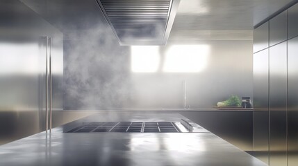 Sleek metallic kitchen featuring steam and modern appliances suggesting active cooking and