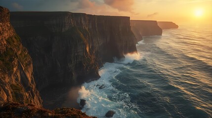 Dramatic sunset over the majestic Cliffs of Moher, Ireland, with crashing waves and golden light illuminating the rugged coastline