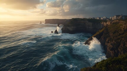 Man walking on the beach by the sea during sunset with calm waves and scenic horizon