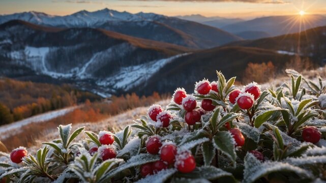 Frost-covered berries in a mountainous landscape at sunrise, showcasing nature's beauty and tranquility