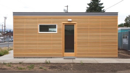 Modern Wooden Building Facade with Door and Window in Natural Light Outdoors