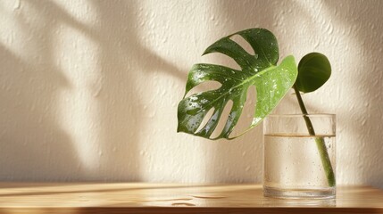 Monstera leaf in a glass vase casting serene shadows on a textured wall creating a calm and nature