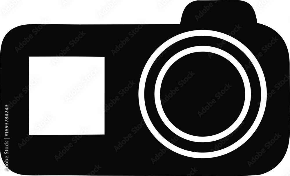 Poster simple silhouette icon of a digital camera with lens and viewfinder for photography and media relate