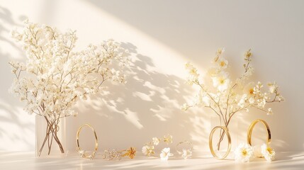 Elegant floral arrangement with golden accents against a sun-kissed ivory backdrop showcasing