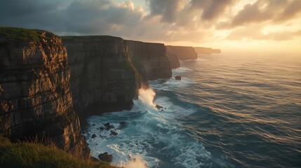 Dramatic Cliffs at Sunset, Ocean Waves Crashing Against Rugged Coastline
