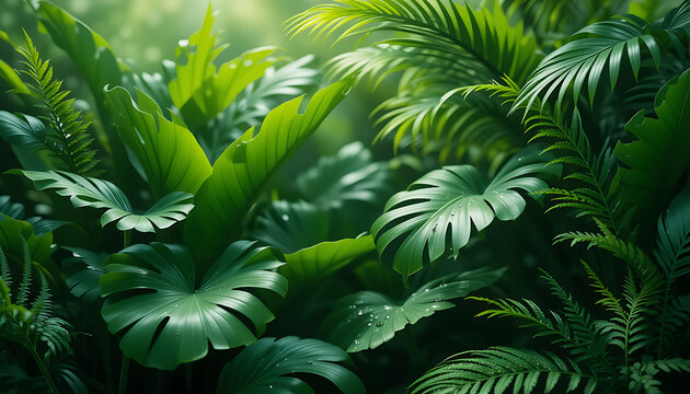 Close-up abstract texture of green fern leaves, a tropical foliage pattern in the forest