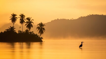 Tranquil tropical island sunrise with solitary heron wading in golden light reflecting on water