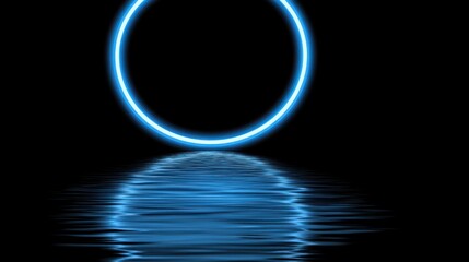 Luminous cerulean ring reflected on rippling dark water surface creating a surreal effect