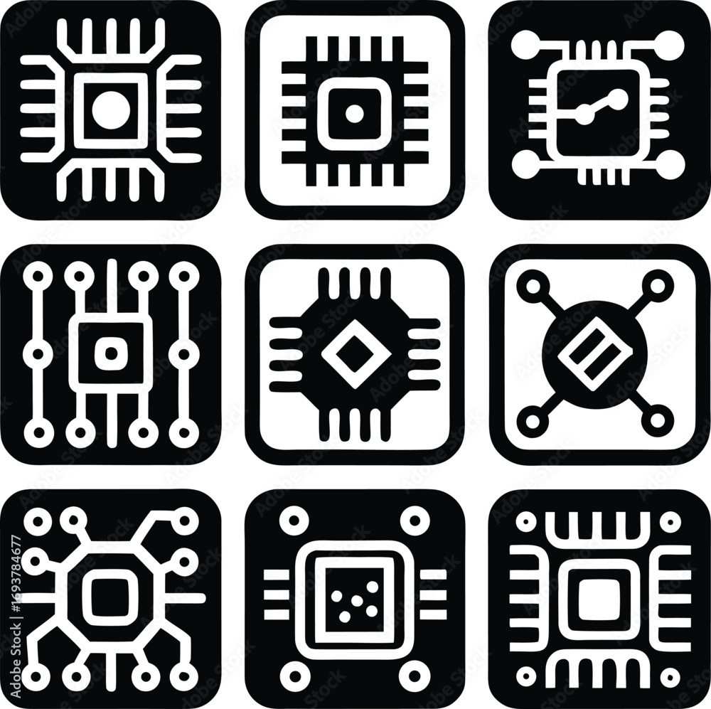 Poster collection of nine abstract square icons depicting microchip and circuitry designs for technology an