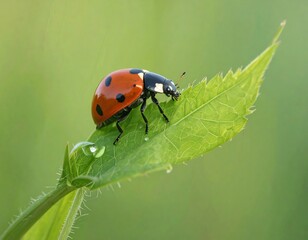 Fototapeta premium Ladybug on a dewy leaf