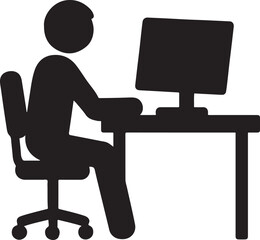 Fototapeta premium Office desk with computer silhouette, workspace icon, modern office vector, minimal flat design