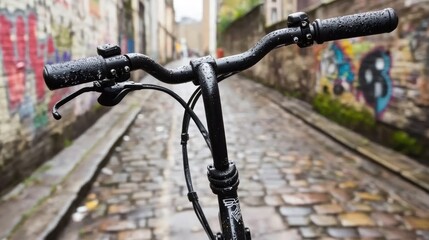 Fototapeta premium A wet bicycle awaits its rider along a narrow alleyway paved with cobblestone bricks