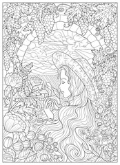 Pretty girl wearing straw hat with blooming flowers and ripe grape berries in the garden. Hand drawn line art vector illustration for coloring books, cards, wine branding. Vintage style