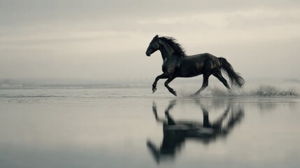 Fototapeta premium Majestic Black Horse Galloping Along the Shoreline at Dawn Reflecting in the Calm Waters