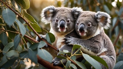 Fototapeta premium Two koalas cuddling on a eucalyptus tree branch, surrounded by lush green foliage in a serene environment