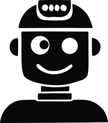 Friendly robot icon with asymmetrical eyes and smiling mouth for technology and ai concepts