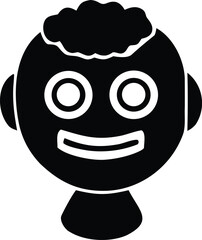 Simple black and white cartoon robot face with round eyes smiling mouth and ear details for fun designs