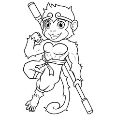 Monkey King Poses with Staff Line Art