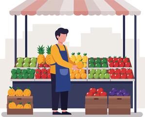 Fruit vendor at a market stall with fresh produce.