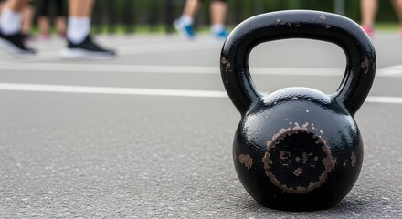 Worn Black Kettlebell on Asphalt Ground During Outdoor Group Workout