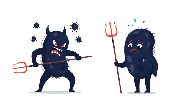 Tiny evil monsters battling cute sad microbe creatures fighting germs tiny microorganisms representing illness and health