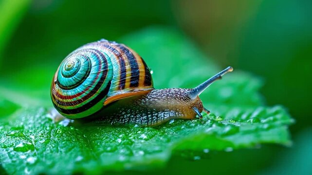 Snail on a leaf detailed closeup vibrant shell colors water droplets visible