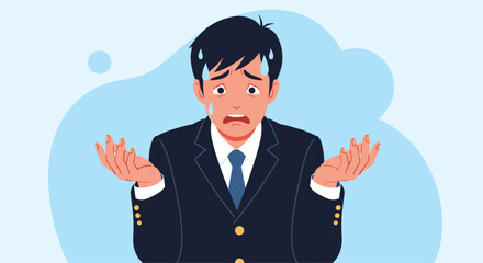 Confused businessman with raised hands and worried expression sweating in a suit and tie vector illustration