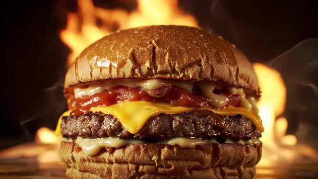 Mouthwatering Double Cheeseburger with Melted Cheese Ketchup and Smoky Flames in the Background