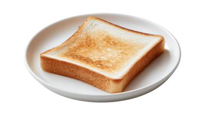 Realistic closeup of square bread slice served on plate, minimal food photo on solid white background