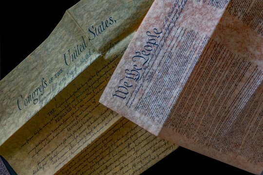 Close-up of U.S. Constitution and Bill of Rights.